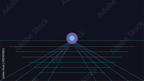 Futuristic neon technology background with perspective tunnel grid, glowing horizon and immersive cyber space composition for tech visuals