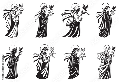 Female saint-like figure in profile silhouette collection, religious symbol for logo or linocut print, on white background.
