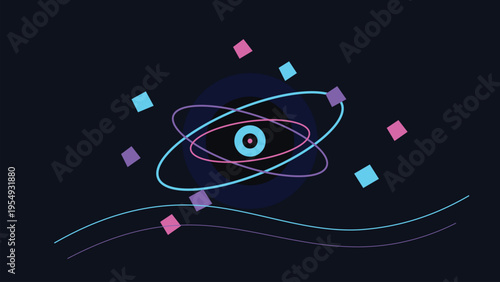 Neon technology background with digital vortex rings, fragmented light shards and immersive cyber energy composition for futuristic tech visuals