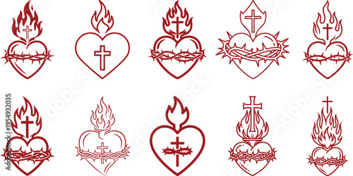 Line art of a jesus sacred heart icon collection, bold black strokes and stylized flowing flames, simple cross integrated into the flame base religious symbol on white background.