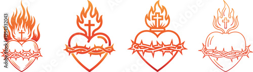 Line art of a jesus sacred heart icon collection, small Latin cross centered bold black strokes and stylized flowing flames, simple cross integrated into the flame base religious symbol.