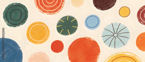Abstract colorful circles and shapes with a textured, hand-drawn feel on a cream background