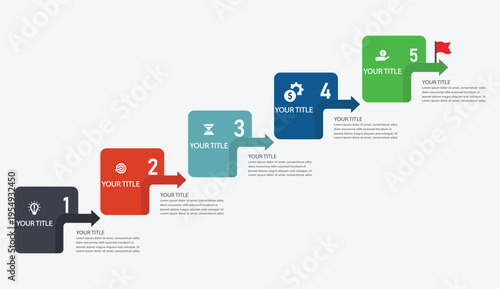 5 step business infographic template with colorful curved arrows and icons for corporate presentation and marketing process design
