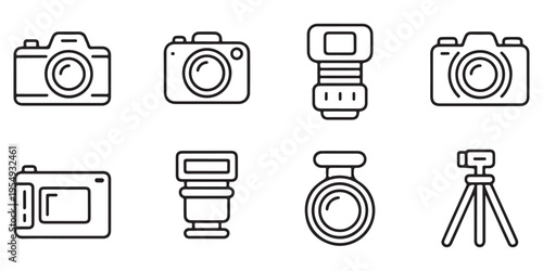 Minimalist Set of 8 Photography Line Icons Including DSLR Camera and Tripod