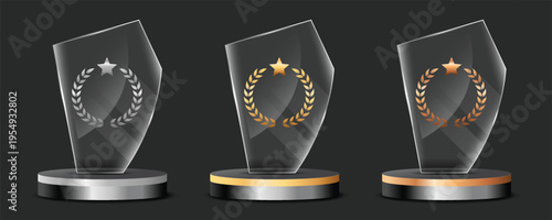 Glass transparent  award trophy collection. Golden, Silver, and Bronze champion design template.