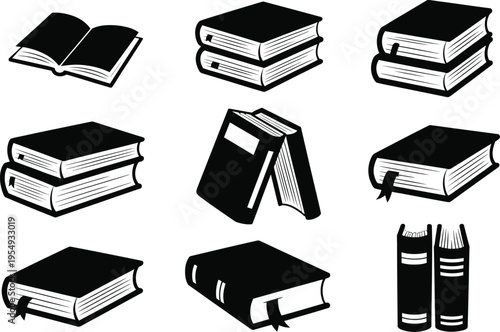 Nine black and white icons representing various books, including open, closed, stacked, and bound volumes, for educational and literary concepts, Closed Book