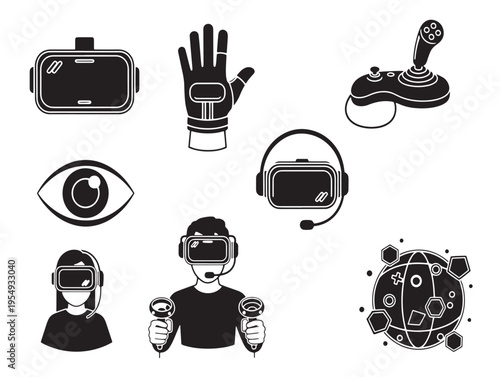 Black and white icons of vr objects and body parts