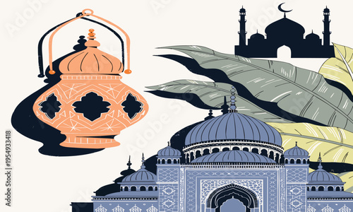 An illustrated image depicts a traditional middle eastern lantern alongside silhouettes of mosques and lush tropical foliage high-quality professional detailed modern elegant stylish clean crisp