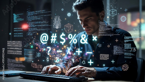 A man delves into the digital realm, immersed in a complex array of code and symbols, the essence of the modern digital world.