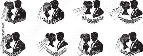 Bride and groom wedding silhouette silhouette collection, floral roses boarder, wedding couple happy valentines day on white background.