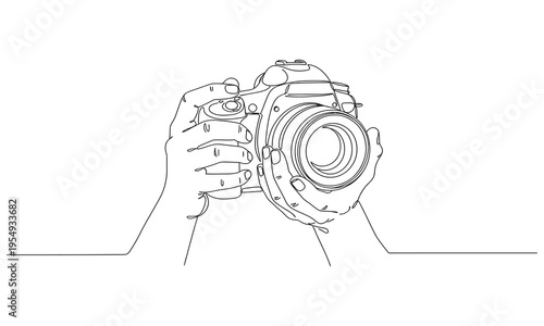 line drawing of a camera. Linear style and hand drawn photo camera. Minimalist one line art representing photography, creativity, and capturing moments