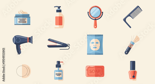 Collection of beauty and personal care products and tools.