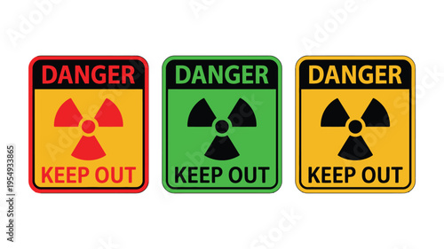 High radiation area keep out signs collection, danger warning silhouette flat icon design element featuring hazardous zone symbols, nuclear alert graphics, isolated vector illustration set.