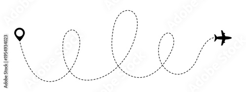Flight, airplane, path travel  route with start point and dash line trace for plan