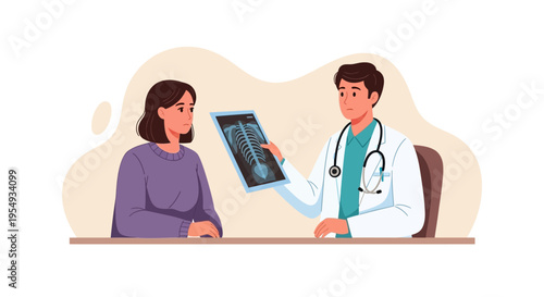 Doctor showing x-ray to patient in a consultation room with a beige background