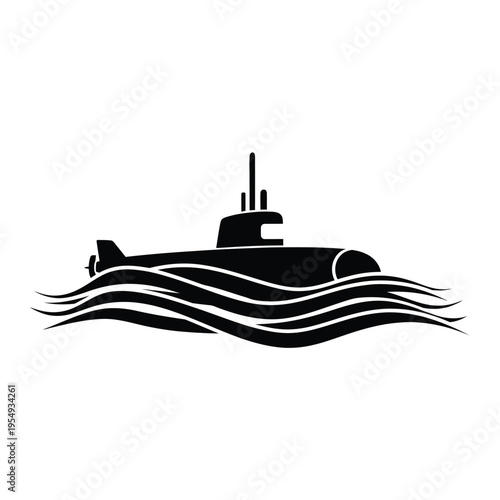 Black Submarine Silhouette on Waves.