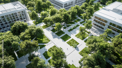 Aerial view of modern university campus featuring green spaces, pathways, and contemporary buildings surrounded by trees, creating serene