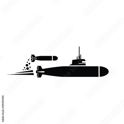 Submarine launching torpedo in black and white silhouette.