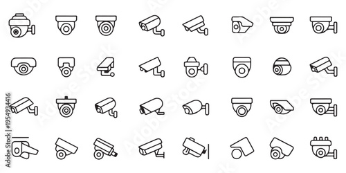 Comprehensive Set of CCTV and Security Camera Icons with Thin Line Art Style