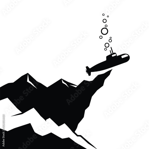 Submarine on a cliff edge with bubbles.