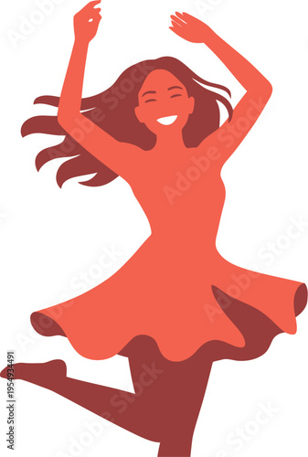 Joyful young woman in a flowing dress dances with arms raised high above her.