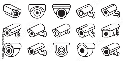 Security Camera Icon Set - CCTV Surveillance System Symbols in Line Art Style