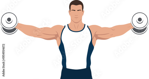 Strong man raises dumbbells performing lateral raise exercise targeting.