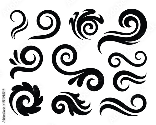 Retro tattoo flourish collection, black swirl ornaments and motion swooshes, branding workshop elements, rock festival poster accents, vector set