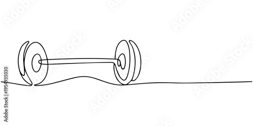 Barbell continuous line. Continuous one line drawing barbell for exercise. Gym, fitness concept. Single line drawing, Continuous one line drawing of Dumbbell - Barbell gym equipment, Drawing
