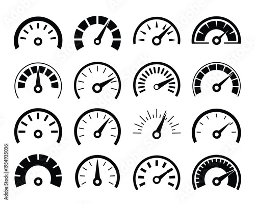 Speed dial icons set, dashboard meters with indicator needles, automotive dashboard UI kit, car rally event session graphics, vector pack