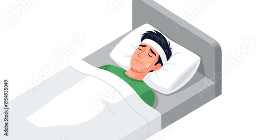 Illustration of a man sleeping peacefully in a bed with a green shirt on a white background