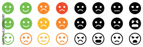 Emoji face expressions set showing happy, sad, angry, neutral, smiley and frown emotions. Colorful round emoji faces useful for UI, chat apps, feedback ratings, messaging, and social media