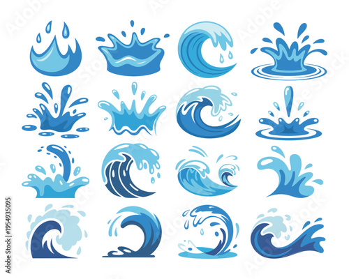 Ocean splash variety set, blue droplets, cresting waves and water crowns, summer beach party poster, pool event session graphics, vector
