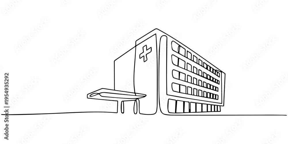 © JCS Graphic Design  - continuous one line drawing Simple line drawing of modern hospital building with cross symbol, no editable stroke