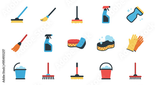 Collection of cleaning tools and supplies for household chores.