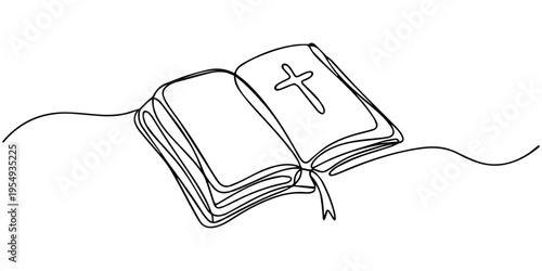 Continuous one line drawing silhouette of Bible. Bible linear icon. One line drawing background. Vector illustration. Line art of Bible Editable stroke