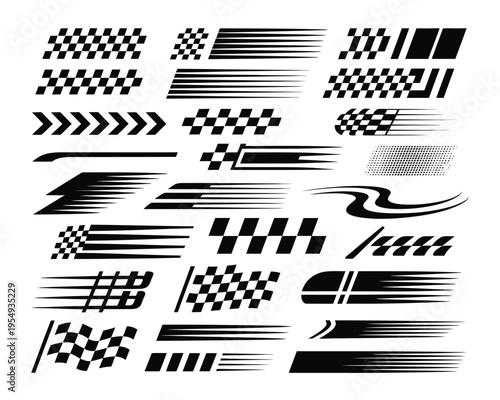 Racing stripes and checkered flag decals set, motorsport event poster elements, car show graphics, rally championship session branding assets