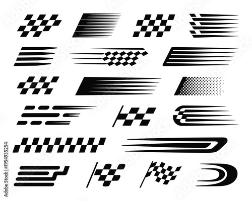 Motorsport speed graphics set, checkered banners, racing swooshes, drag strip event poster, tuning expo branding, time attack session materials