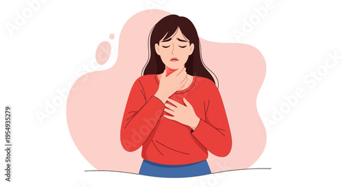 Illustration of a young woman clutching her chest with a concerned expression against a soft pink background