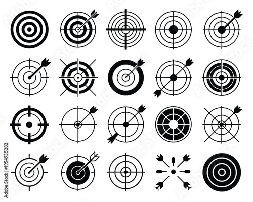 Scope reticle icon pack, geometric targeting symbols, sniper training poster, airsoft tournament session branding, tactical gaming overlay graphics vector set