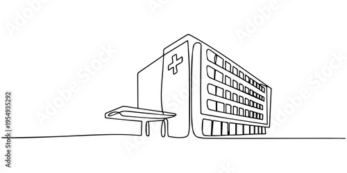 continuous one line drawing Simple line drawing of modern hospital building with cross symbol, no editable stroke
