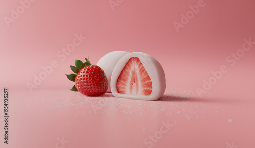 Strawberry mochi on pink background with fresh strawberry japanese dessert