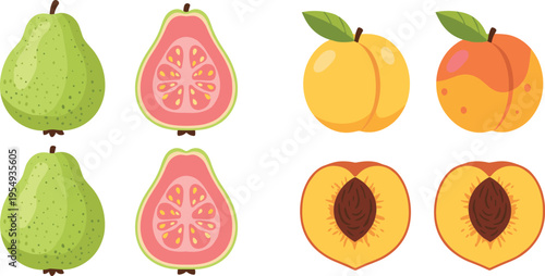 Guava and peach fruit collection with whole and sliced halves fresh tropical food illustration set