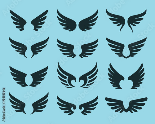 Angel wings icons set, freedom festival poster, aviation day celebration graphic, fantasy logo maker, guardianship symbol, spiritual theme vector illustration