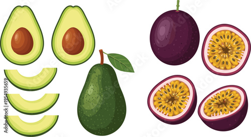 Avocado and passion fruit set with whole and sliced pieces tropical fresh healthy food illustration collection