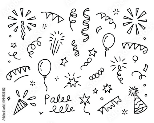 Confetti streamers balloons stars, party celebration doodle set, new year carnival elements, festive banner vector, holiday event poster, joyful design