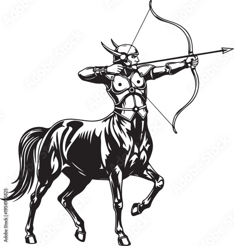 Silhouette of a centaur archer in action with bow and arrow. Mythical centaur archer aims bow, ready to strike