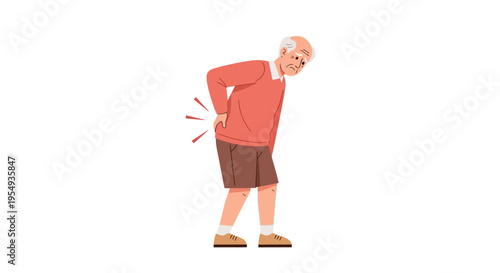 Cartoon illustration of an elderly man holding his back in pain on a white background