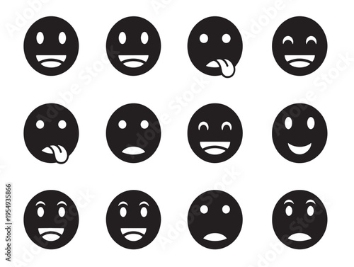 A set of black emojis with different facial expressions