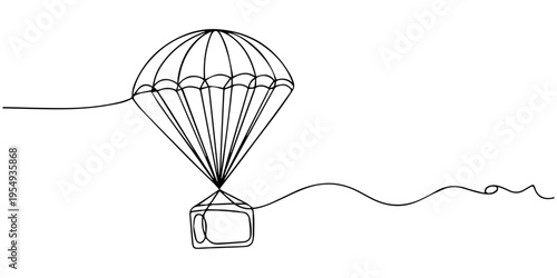 Continuous one line drawing of a delivery with a parachute jumping down from the air. Online shopping concept, fast delivery by parachute carrying box in doodle style. vector illustration